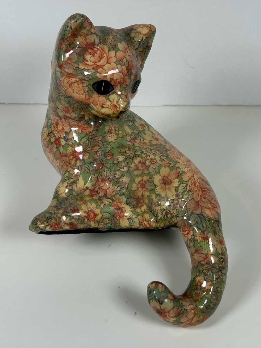 Floral Chintz Decoupage Cat Figurine Shelf Sitter Folk Art Cottage Musical Work